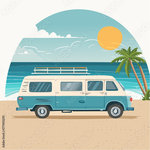 Van vintage stylisé isolé sur plage symbole Californie