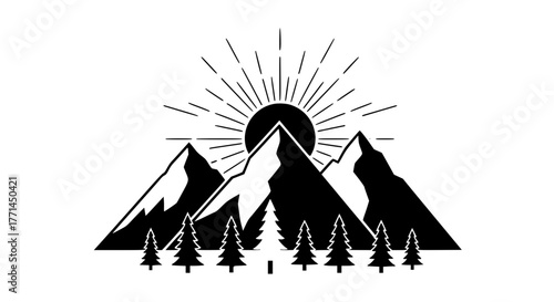 Minimalist black and white vector of a mountain landscape with pine trees and sun rays, clean lines, high contrast
