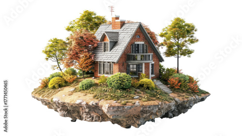 A house on a floating island on transparent background