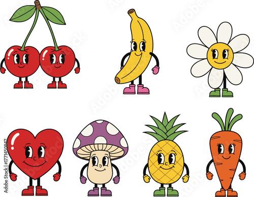 Anthropomorphic cartoon characters, fruit and vegetable art, cute food design, kids illustration, playful objects, smiling faces, whimsical style, colorful graphics