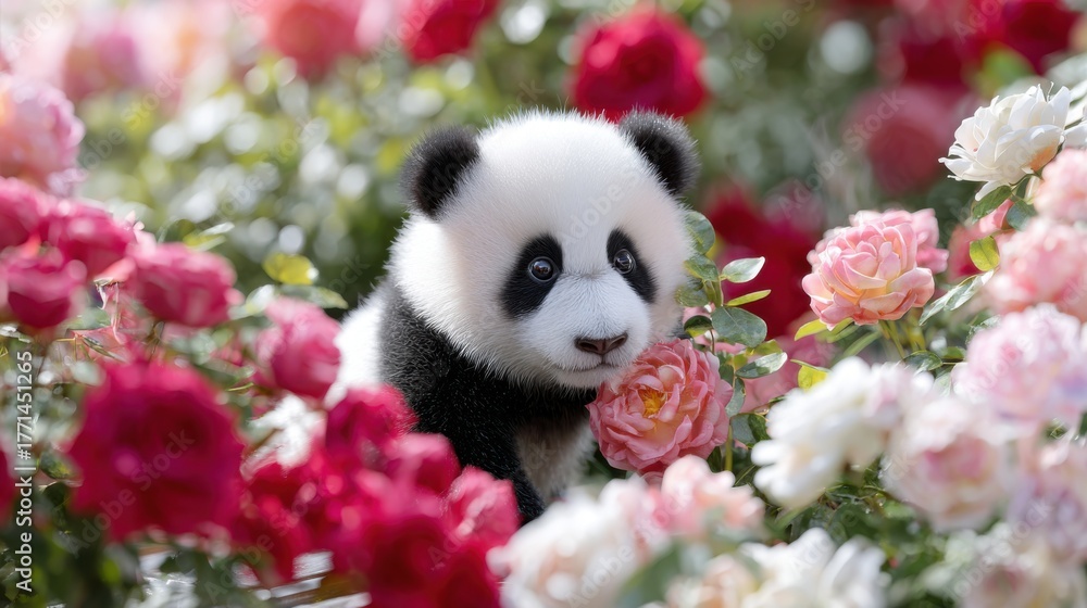 Naklejka premium ultra realistic photo of baby panda cub playing in rose garden, surrounded by blooming red and white roses, soft daylight, , real photography
