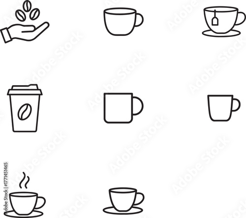 Coffee and Tea Beverage Icon Set: Cups, Beans, and Hot Drinks