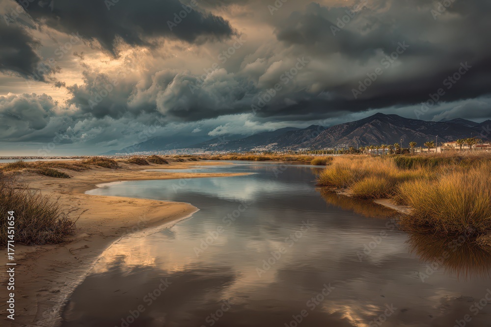 Obraz premium Valencia California. Idyllic Beach with Dramatic Sky and Mountain in Warm Tones