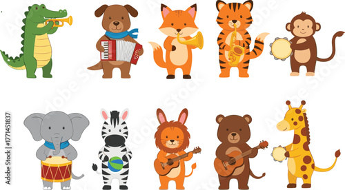 Cartoon animals, musical instruments, kids band, animal orchestra, fun zoo characters, music party, children illustration, jungle concert, playful art, education