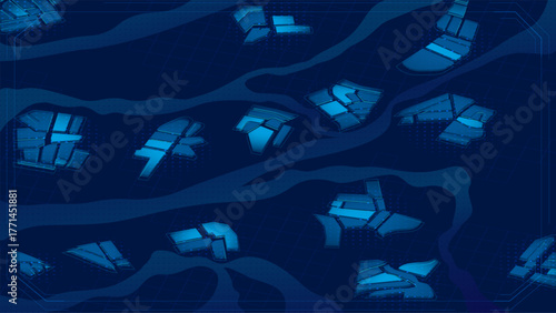 City development. Architectural fragments create a smart city blueprint concept with technological overlays and digital infrastructure elements. Vector illustration