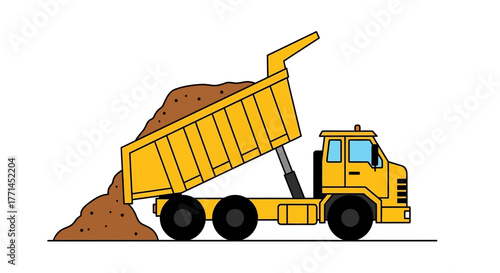 Yellow dump truck unloading a pile of brown dirt, with the truck bed raised in a dumping position.