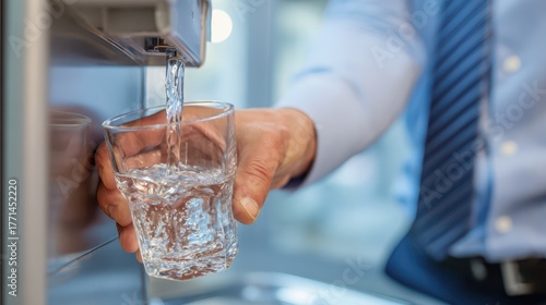 Water Cooler Break. Close-Up of Businessman's Hand Pouring Water from Cooler in Kitchen