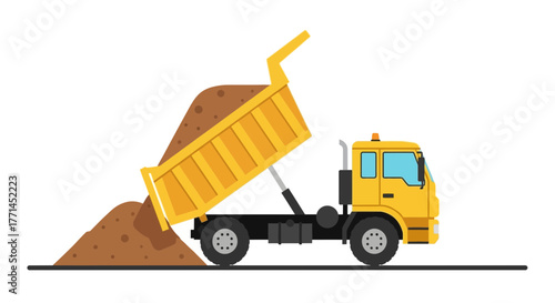 A yellow dump truck is unloading a pile of brown dirt or soil, with its bed raised up.