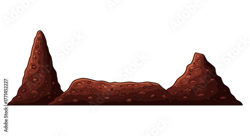 Cartoon illustration of brown, rocky hills and mounds against a white background, creating a simple landscape scene.