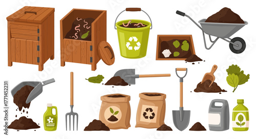 A cartoon illustration depicts various composting elements including bins, worms, tools, soil, bags, and containers, representing eco-friendly gardening practices.
