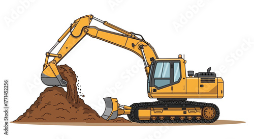 Yellow excavator digging and dumping dirt onto a growing pile, isolated on white.