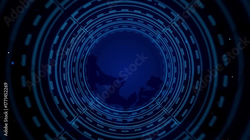 Futuristic Digital Blue Circular Tech Interface with Global Elements