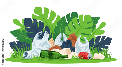 A pile of garbage including plastic bags, glass bottle, and aluminum can is discarded on green grass with tropical leaves in the background.