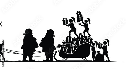 Joyful Santa and elves load gifts onto a sleigh for holiday delivery