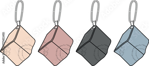 A versatile set of vector illustrated mini cube pouches with carabiner attachments, shown in four different color variations for accessory design