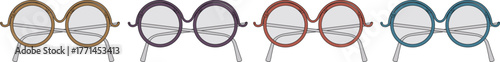 A collection of four pairs of round eyeglasses with varying frame colors including gold, purple, red, and blue, suggesting a variety of styles and options