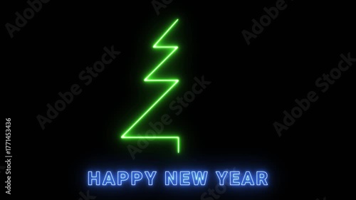 Glowing neon Christmas tree animation with bright green light on black background and “Happy New Year” text in blue neon. Futuristic holiday design, festive winter greeting card, modern celebration co