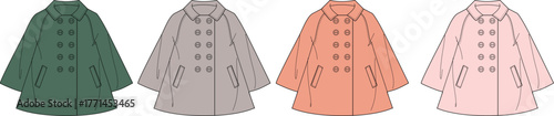 Collection of four elegant double-breasted coats in various pastel and dark shades displayed in a row, perfect for seasonal fashion