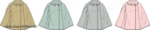 Vibrant array of women's fashion capes presented as detailed flat sketches in four distinct color options, illustrating modern garment design for seasonal collections and technical specifications