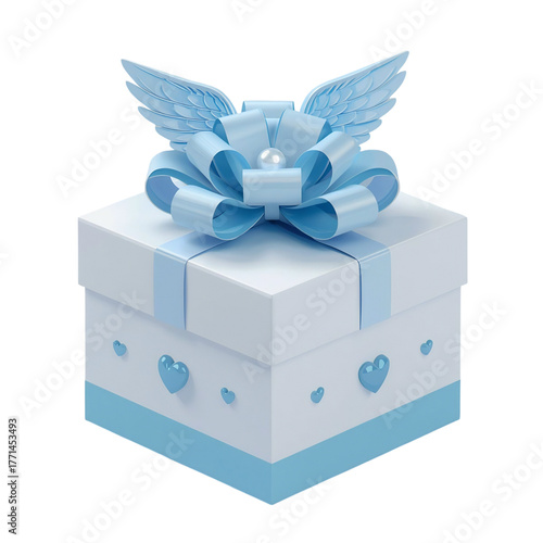 Delicate baby blue gift box with angel wings and bow for celebration present surprise