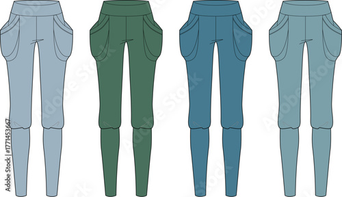 Four pairs of loose-fitting, comfortable casual pants in different colors arranged side by side for comparison