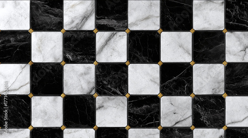 A close-up shot of a checkered black and white tile floor with golden accents