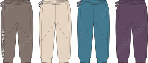 Collection of four different colored casual sweatpants displayed side-by-side on a white background