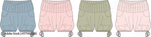 Fashion flat vector illustrations of four women's casual shorts, featuring ribbed waistbands, practical pockets, and tie-up hems in soft colors, for apparel design