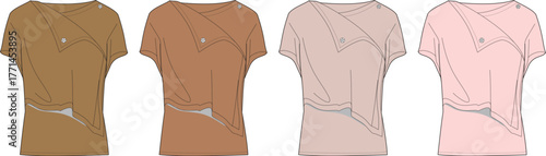 Fashion technical flat sketch of a women's draped short sleeve t-shirt with an asymmetrical neckline and buckle detail, shown in four color variations. Vector illustration