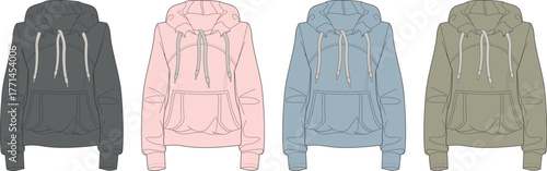 Four colorful hooded sweatshirts displayed in a row, each with drawstrings and a front pocket, showcasing a range of apparel options