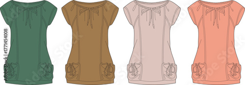 Set of four colorful casual short-sleeve dresses with tie-neck detail and pockets, showcasing different shades for a versatile wardrobe