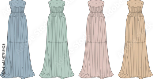 Elegant Strapless Maxi Dress in Pastel Colors Fashion Vector Design