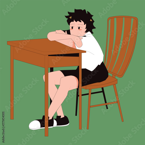 Quiet Moment: Cartoon Character Resting Head on Desk in Thoughtful Pose