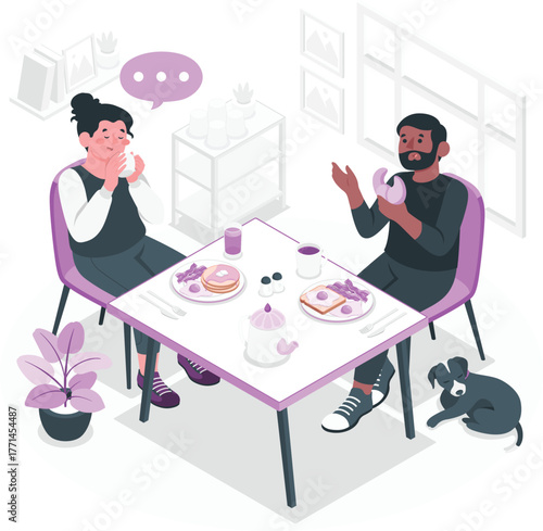 Couple eating breakfast with dog and plant in modern dining room vector