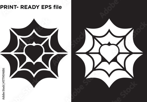 Bold, solid spider web vector design with a prominent heart at its center
