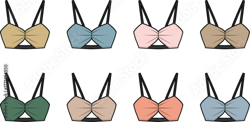 Collection of colorful bralette tops with cutout detail. Fashion vector illustration set of women's lingerie or swimwear in various pastel colors
