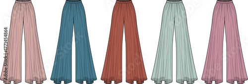 A vibrant collection of five high-waisted, flowing palazzo pants in assorted earth-toned and pastel shades, showcasing elegant fabric drapes and a bohemian aesthetic