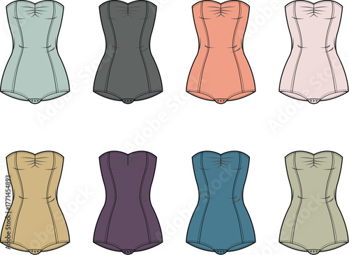 Collection of retro-style one-piece swimsuits in various muted colors