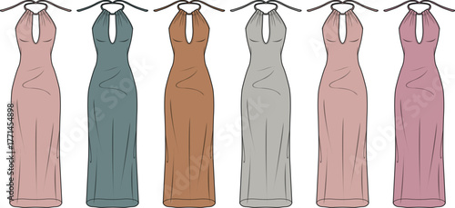 Fashion design technical flat sketch set of a long halter neck evening gown with a keyhole front, showcasing a collection of elegant color palette options for apparel