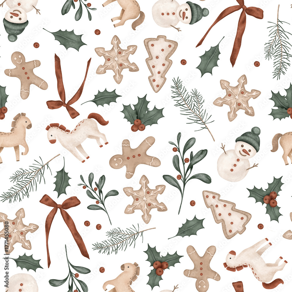 Obraz premium Christmas seamless pattern with symbol new year 2026, horses, pine branches, for tree, bow. Repeat ornament with illustration holly and red berries and sweet cookie gingerbread and snowman.