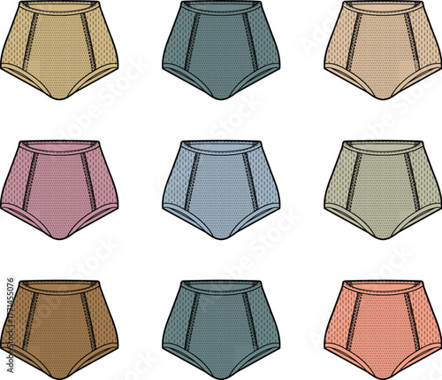 Collection of colorful high-waisted briefs with mesh detail, perfect for summer fashion