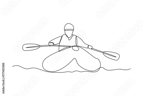 Simple continuous line draw of outdoor activity for rafting. Simple line, creativity, vector.