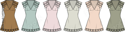 Set of women's summer rompers with ruffled sleeves and V-neck in various pastel colors. Fashion technical flat sketch collection for apparel design