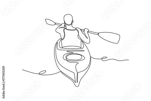 Simple continuous line draw of outdoor activity for rafting. Simple line, creativity, vector.