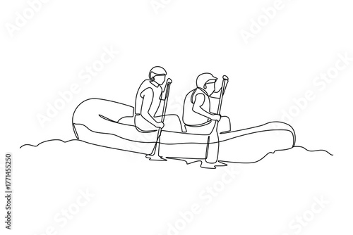 Simple continuous line draw of outdoor activity for rafting. Simple line, creativity, vector.