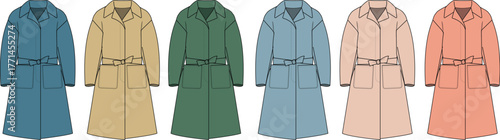 Array of various colored trench coats laid out in a row, showcasing different styles and designs