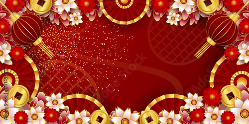 Happy Chinese New Year 2026. Year Of The Horse. Flower, sparkle and area for text. Suitable for posters, banners and social media. Red background.