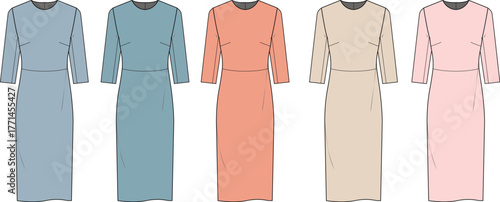 Set of women's midi dresses with three-quarter sleeves in a muted pastel color palette, fashion technical flat sketch template