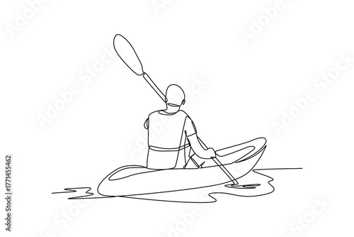Simple continuous line draw of outdoor activity for rafting. Simple line, creativity, vector.
