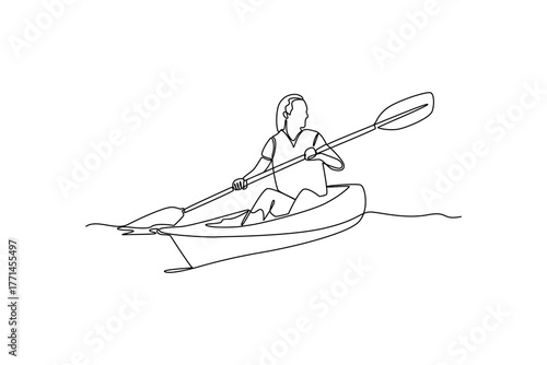 Simple continuous line draw of outdoor activity for rafting. Simple line, creativity, vector.